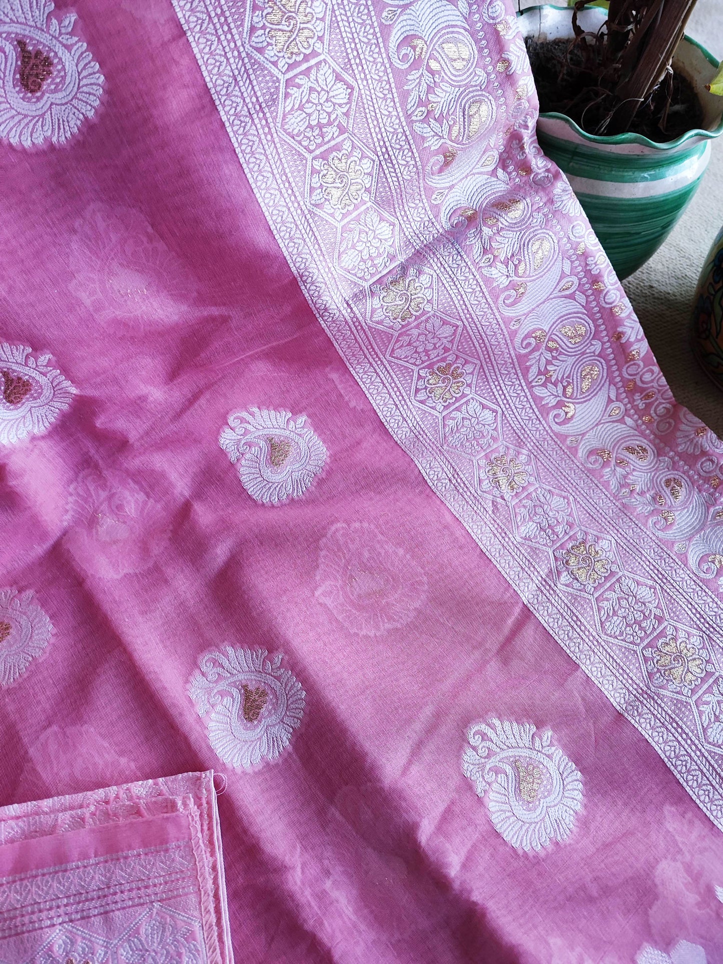 Taffy Pink Cotton by Silk Saree with Weaved Pallu and Border
