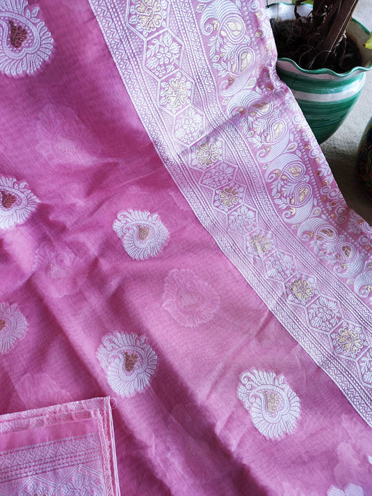 Taffy Pink Cotton by Silk Saree with Weaved Pallu and Border
