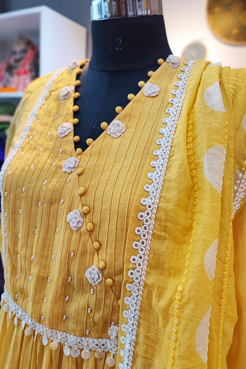 Pineapple Yellow Mul Chanderi Suit With Hand Embroidery and Mul Chanderi Dupatta
