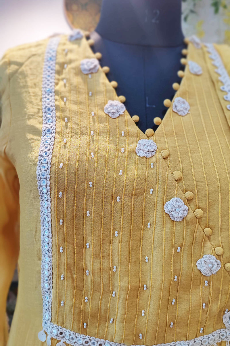 Pineapple Yellow Mul Chanderi Suit With Hand Embroidery and Mul Chanderi Dupatta