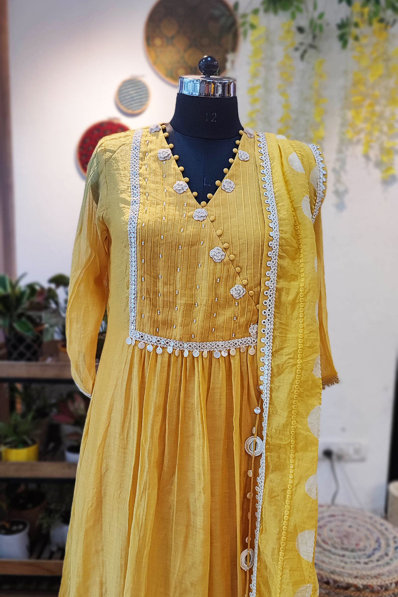 Pineapple Yellow Mul Chanderi Suit With Hand Embroidery and Mul Chanderi Dupatta