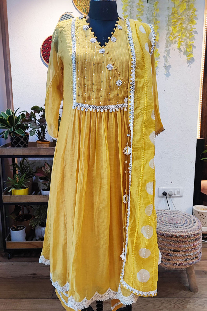 Pineapple Yellow Mul Chanderi Suit With Hand Embroidery and Mul Chanderi Dupatta