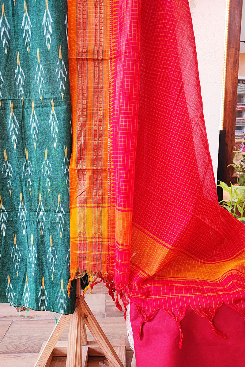 Jade Green & Crimson Pure Cotton Handloom Ikkat Suit Set