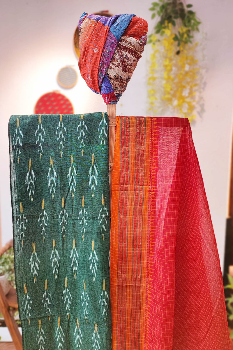 Jade Green & Crimson Pure Cotton Handloom Ikkat Suit Set