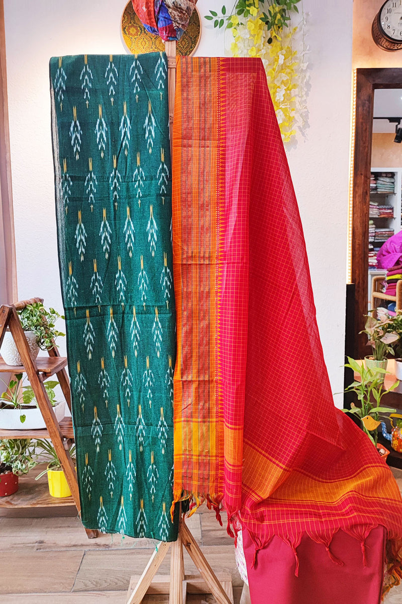 Jade Green & Crimson Pure Cotton Handloom Ikkat Suit Set