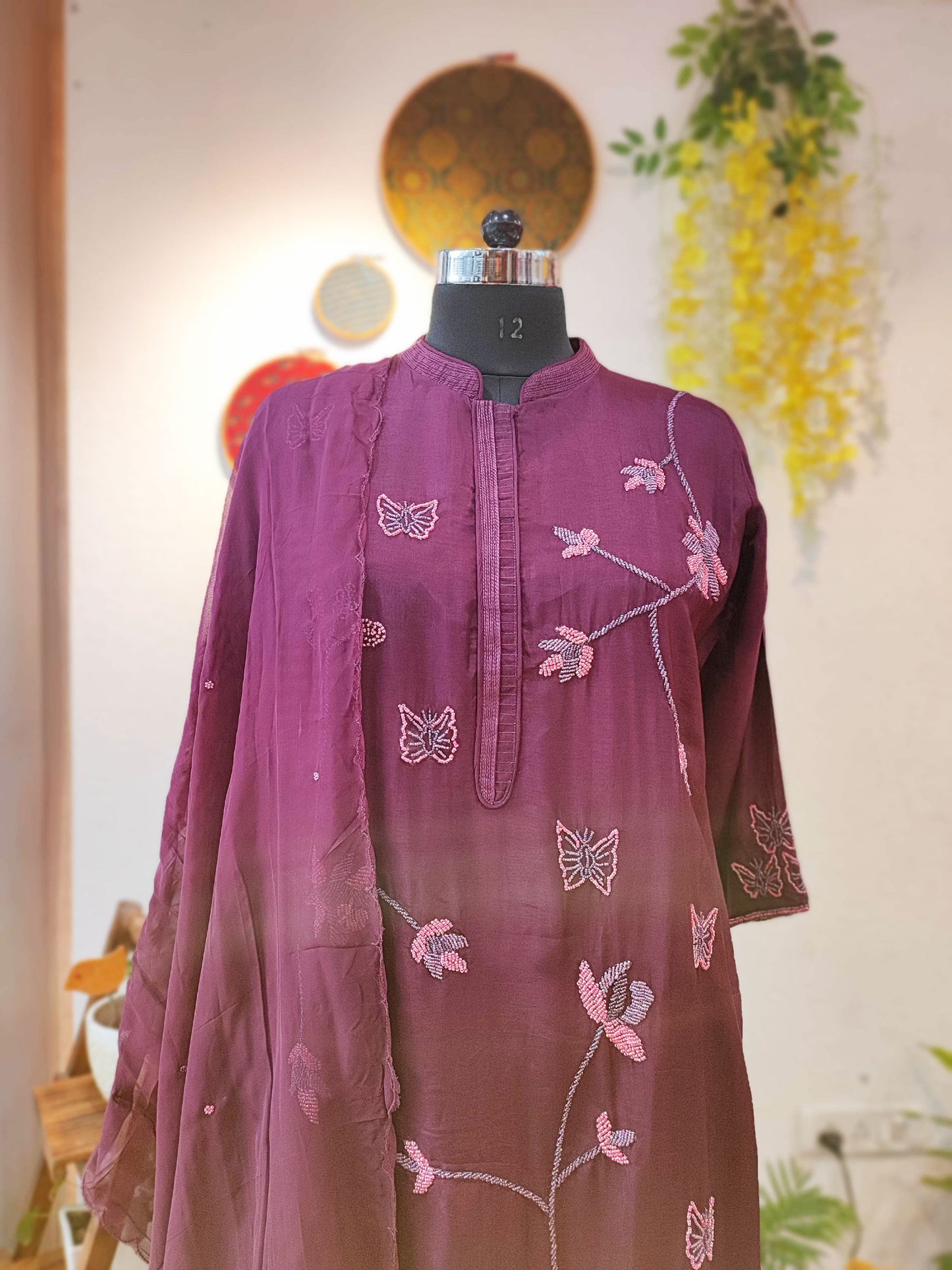 Plum Dola Silk Flowy Suit with Pearl Work and Chiffon Dupatta