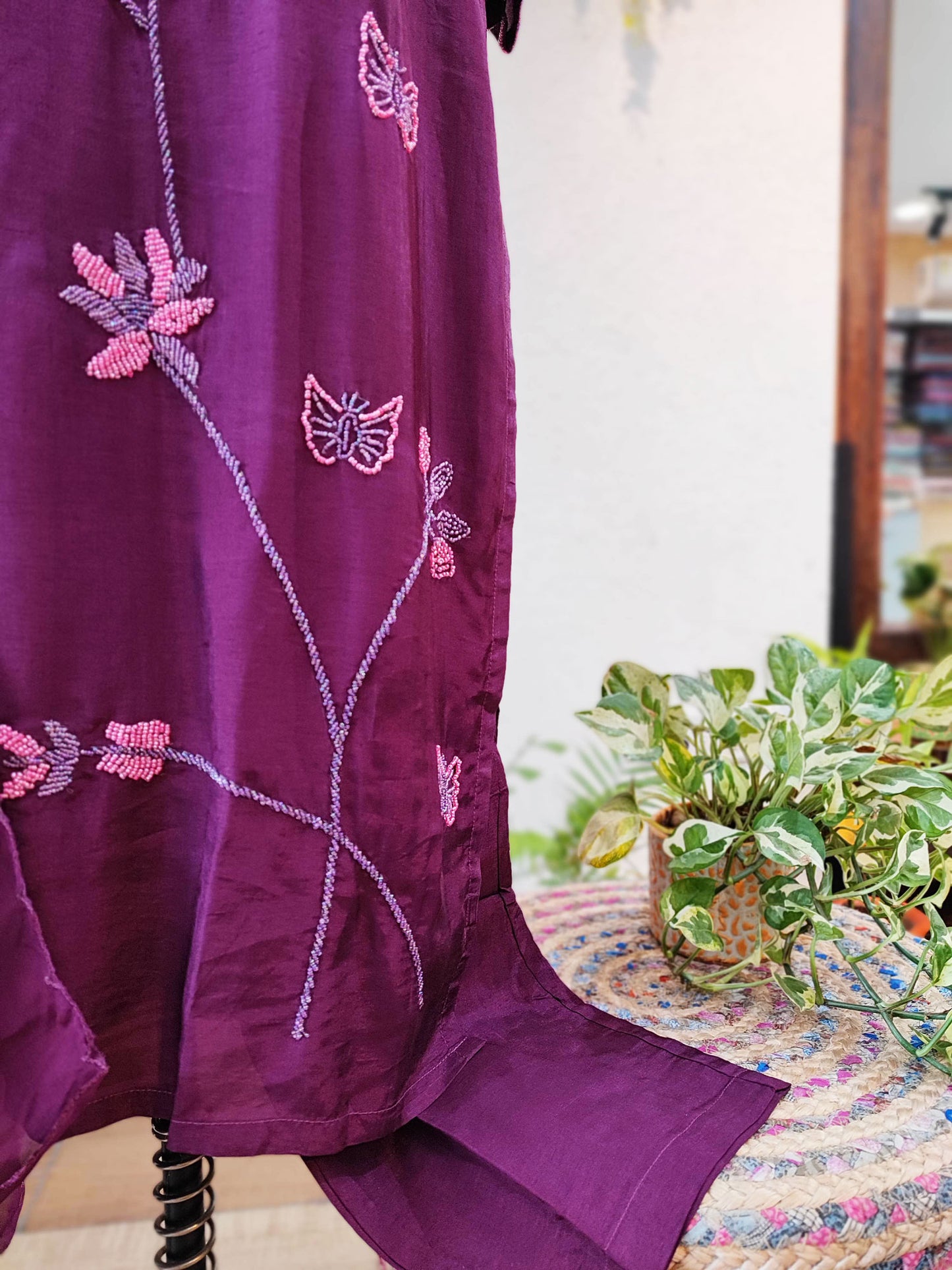 Plum Dola Silk Flowy Suit with Pearl Work and Chiffon Dupatta