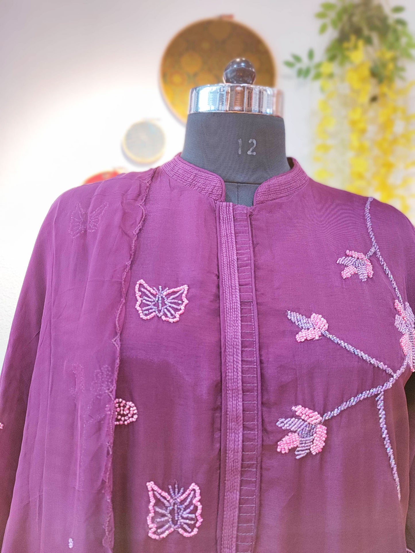 Plum Dola Silk Flowy Suit with Pearl Work and Chiffon Dupatta