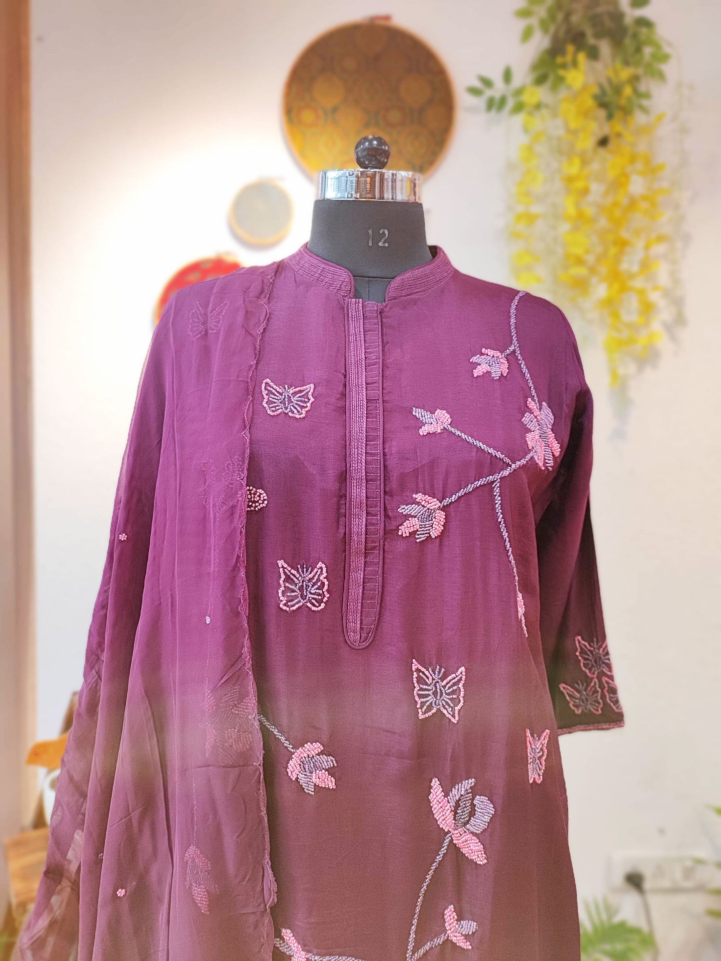 Plum Dola Silk Flowy Suit with Pearl Work and Chiffon Dupatta