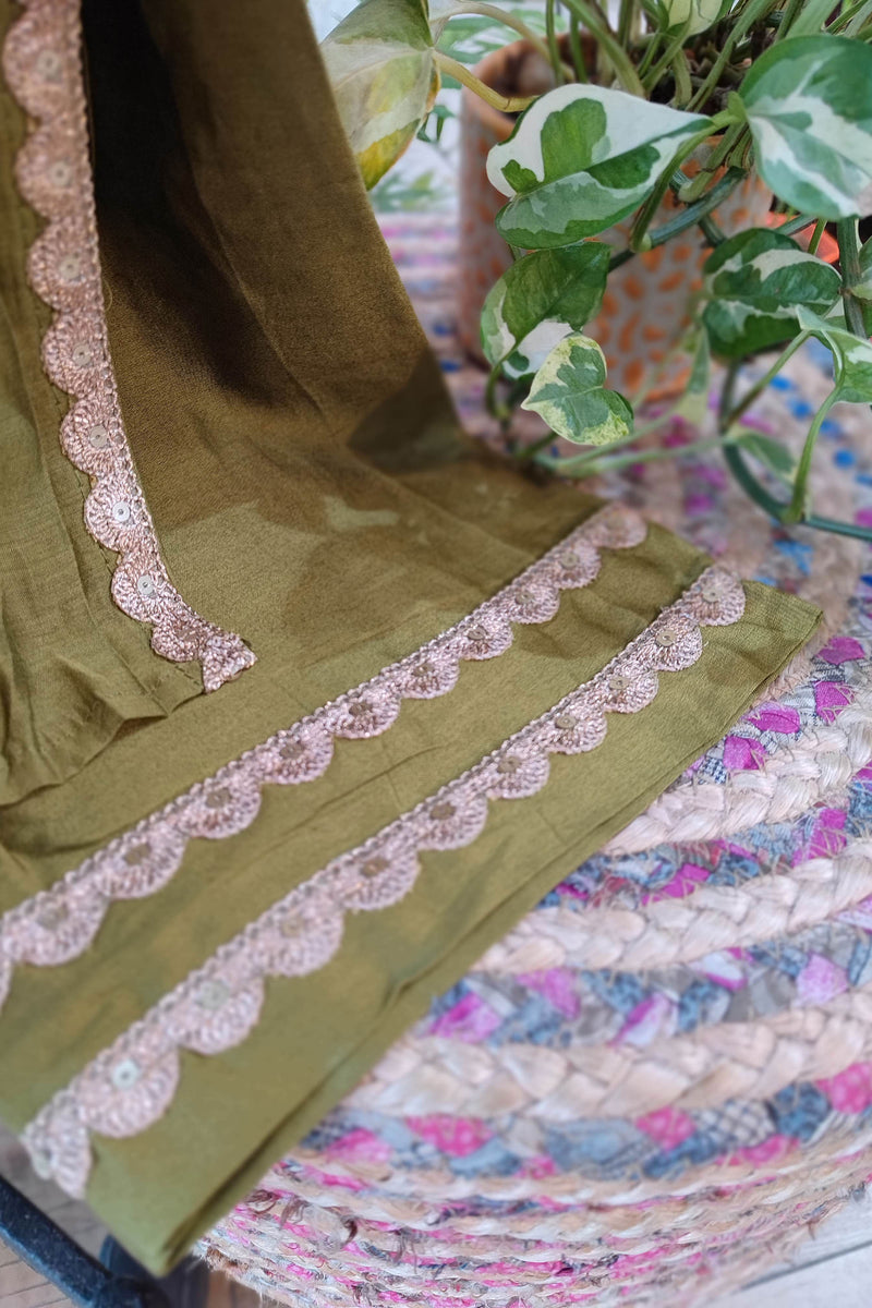 Olive Green Mul Chanderi Suit With Dabka Handwork and Tissue Silk Dupatta