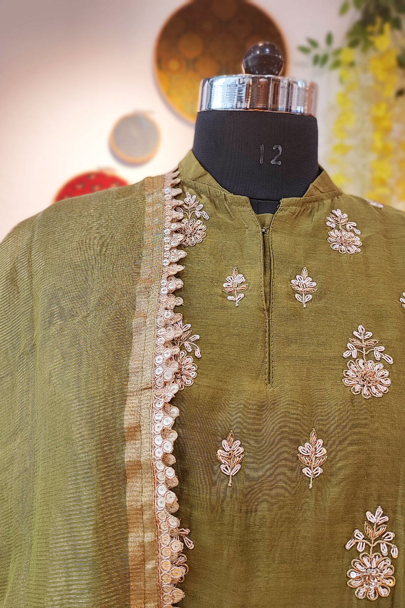 Olive Green Mul Chanderi Suit With Dabka Handwork and Tissue Silk Dupatta