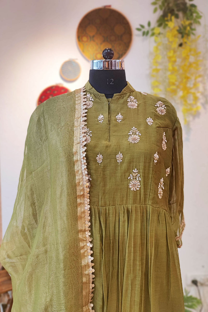 Olive Green Mul Chanderi Suit With Dabka Handwork and Tissue Silk Dupatta