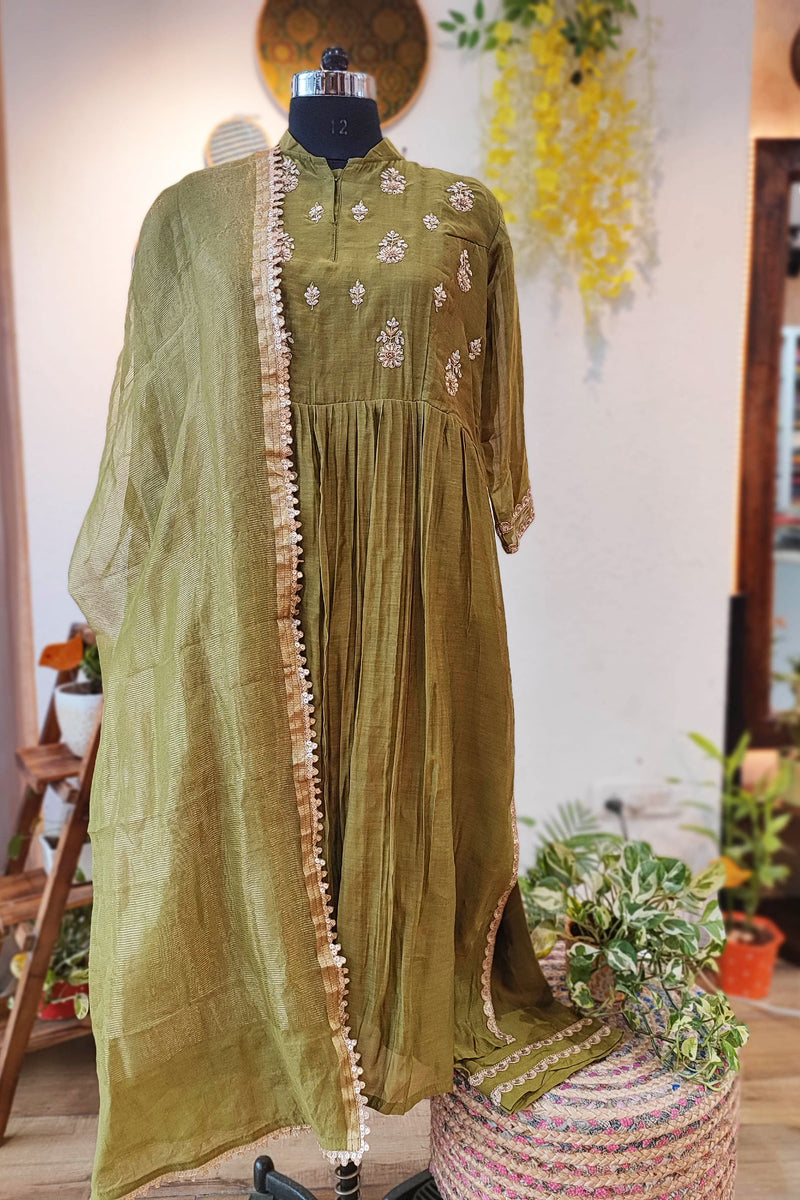 Olive Green Mul Chanderi Suit With Dabka Handwork and Tissue Silk Dupatta