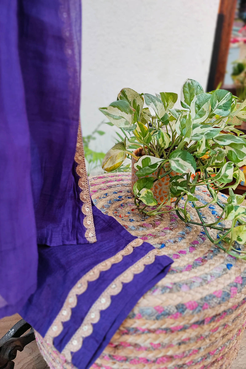 Purple Mul Chanderi Suit With Dabka Handwork and Tissue Silk Dupatta