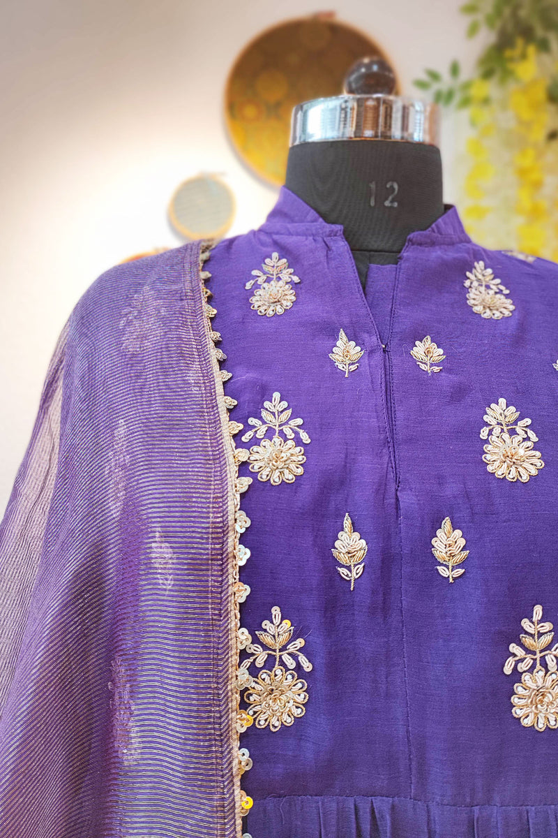 Purple Mul Chanderi Suit With Dabka Handwork and Tissue Silk Dupatta