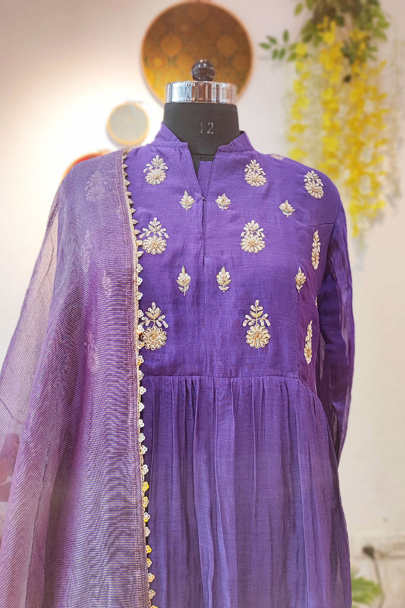 Purple Mul Chanderi Suit With Dabka Handwork and Tissue Silk Dupatta