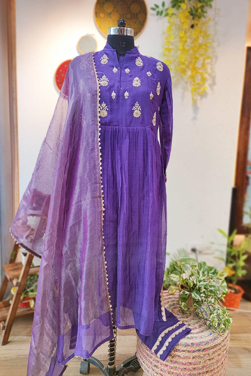 Purple Mul Chanderi Suit With Dabka Handwork and Tissue Silk Dupatta