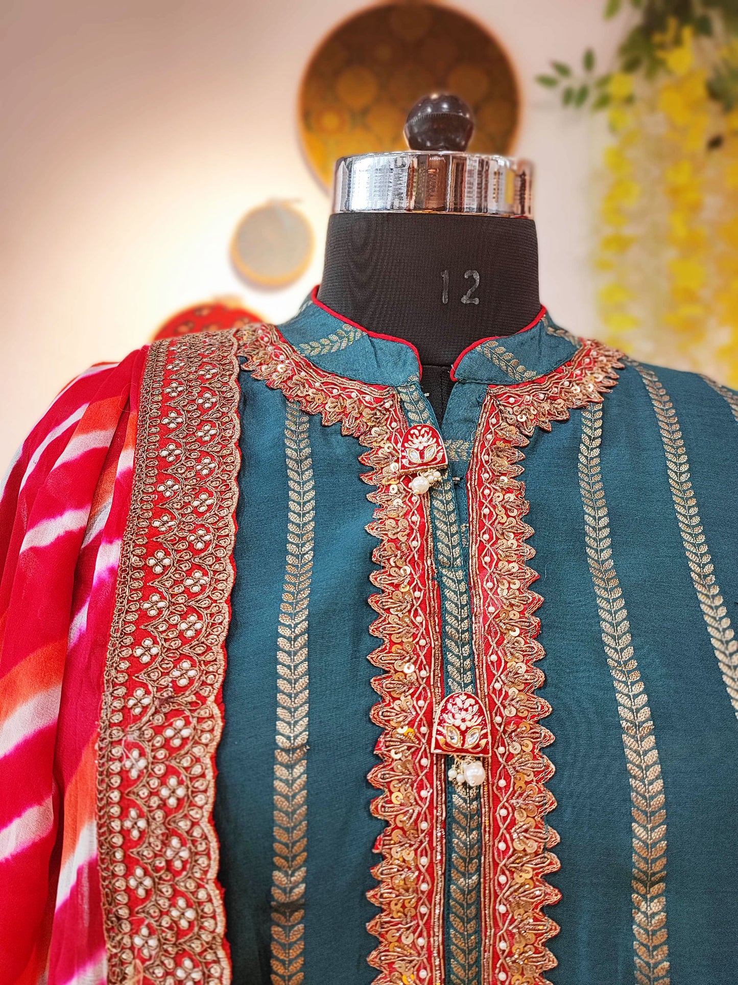 Ocean Green Mul Chanderi Suit With Dabka Handwork and Tissue Silk Dupatta