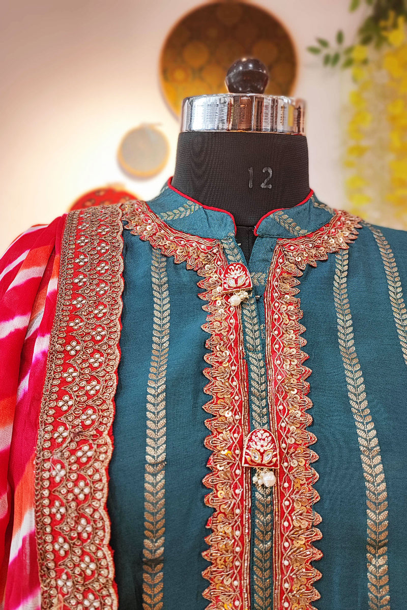 Ocean Green Mul Chanderi Suit With Dabka Handwork and Tissue Silk Dupatta