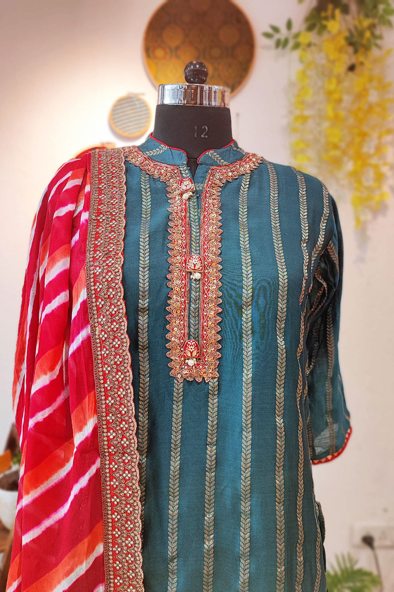 Ocean Green Mul Chanderi Suit With Dabka Handwork and Tissue Silk Dupatta