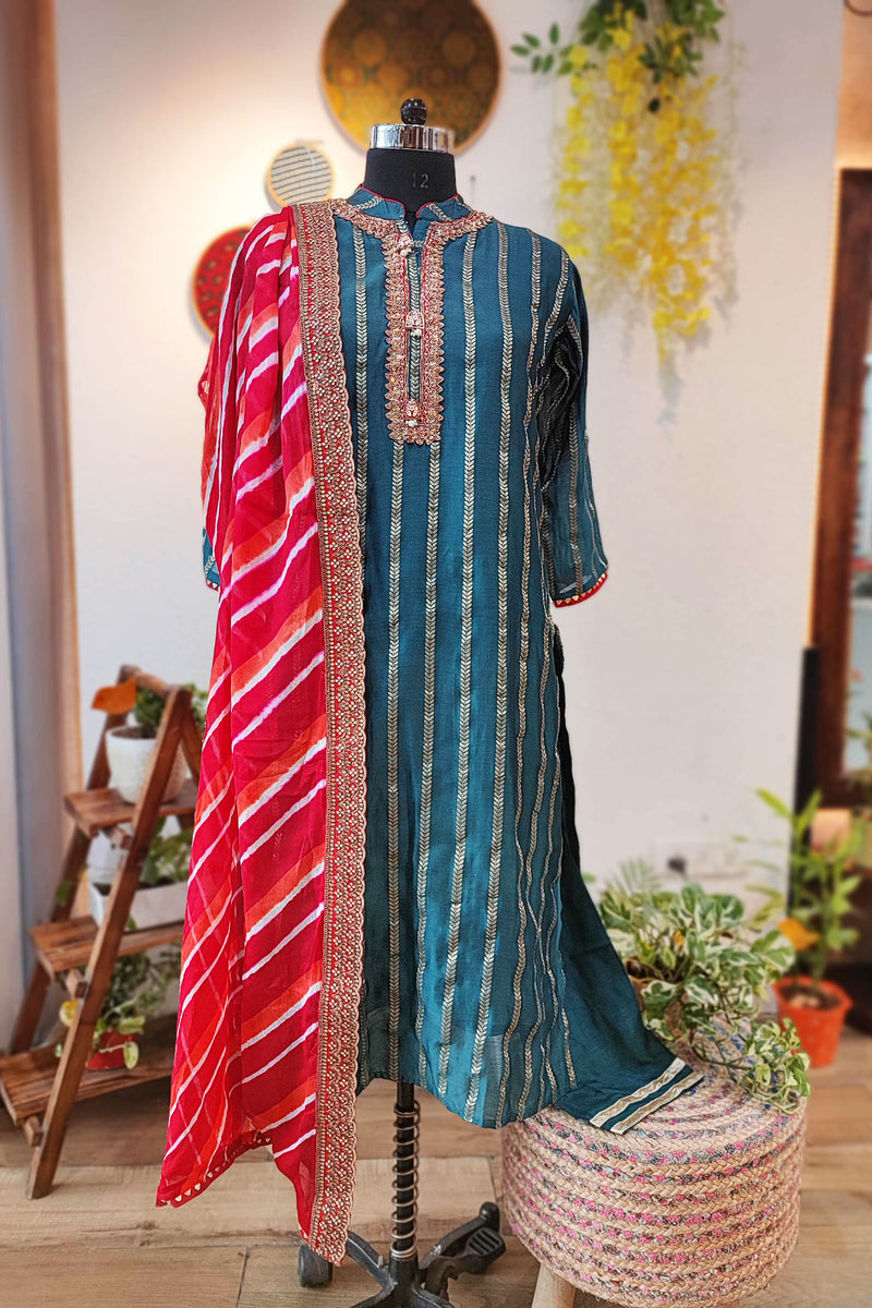 Ocean Green Mul Chanderi Suit With Dabka Handwork and Tissue Silk Dupatta