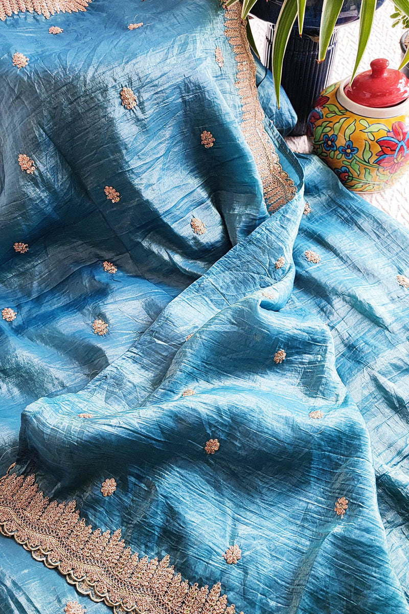 Organza Tissue Silk Saree With Golden Embroided Motifs and Cutwork Embroided Border