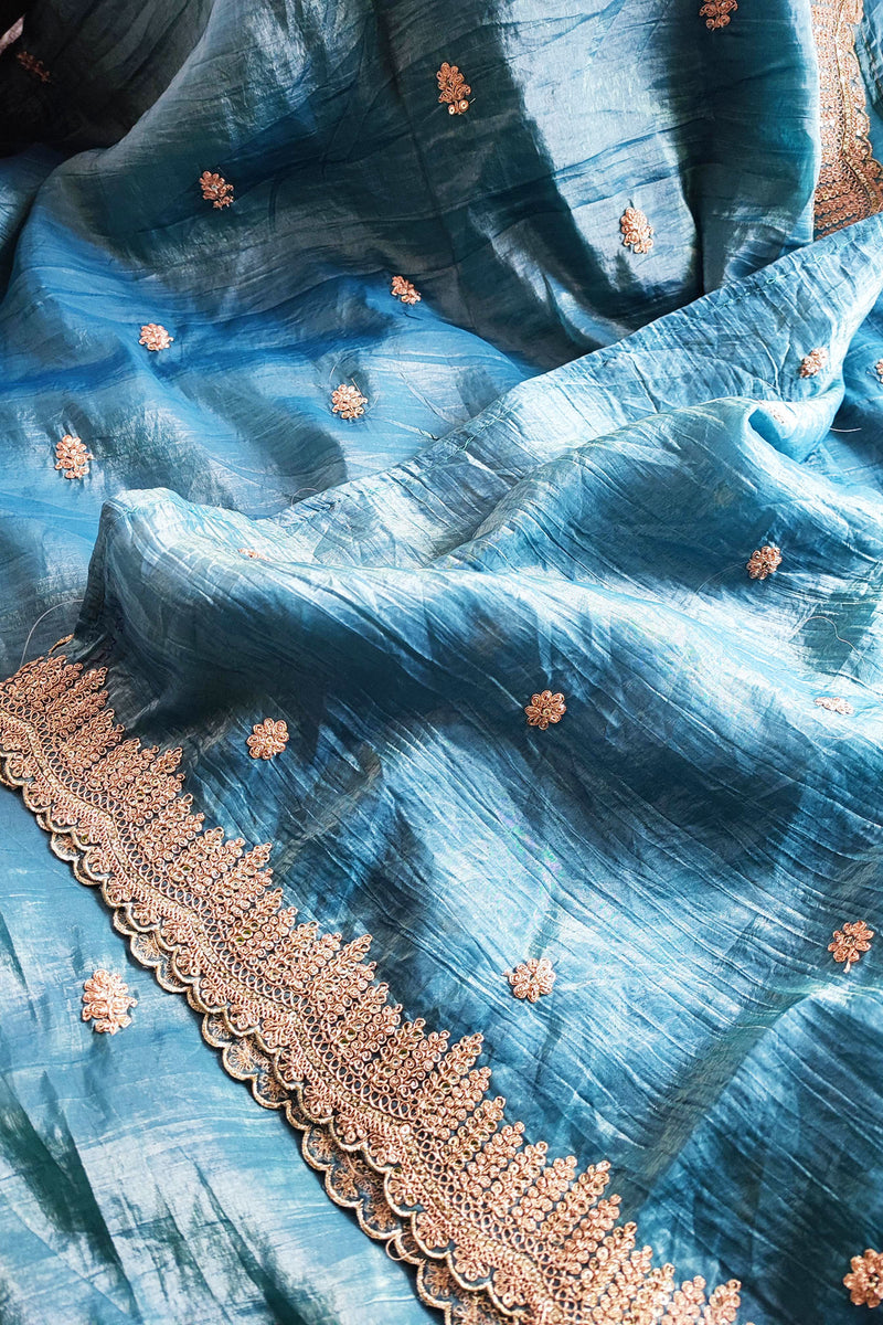 Organza Tissue Silk Saree With Golden Embroided Motifs and Cutwork Embroided Border