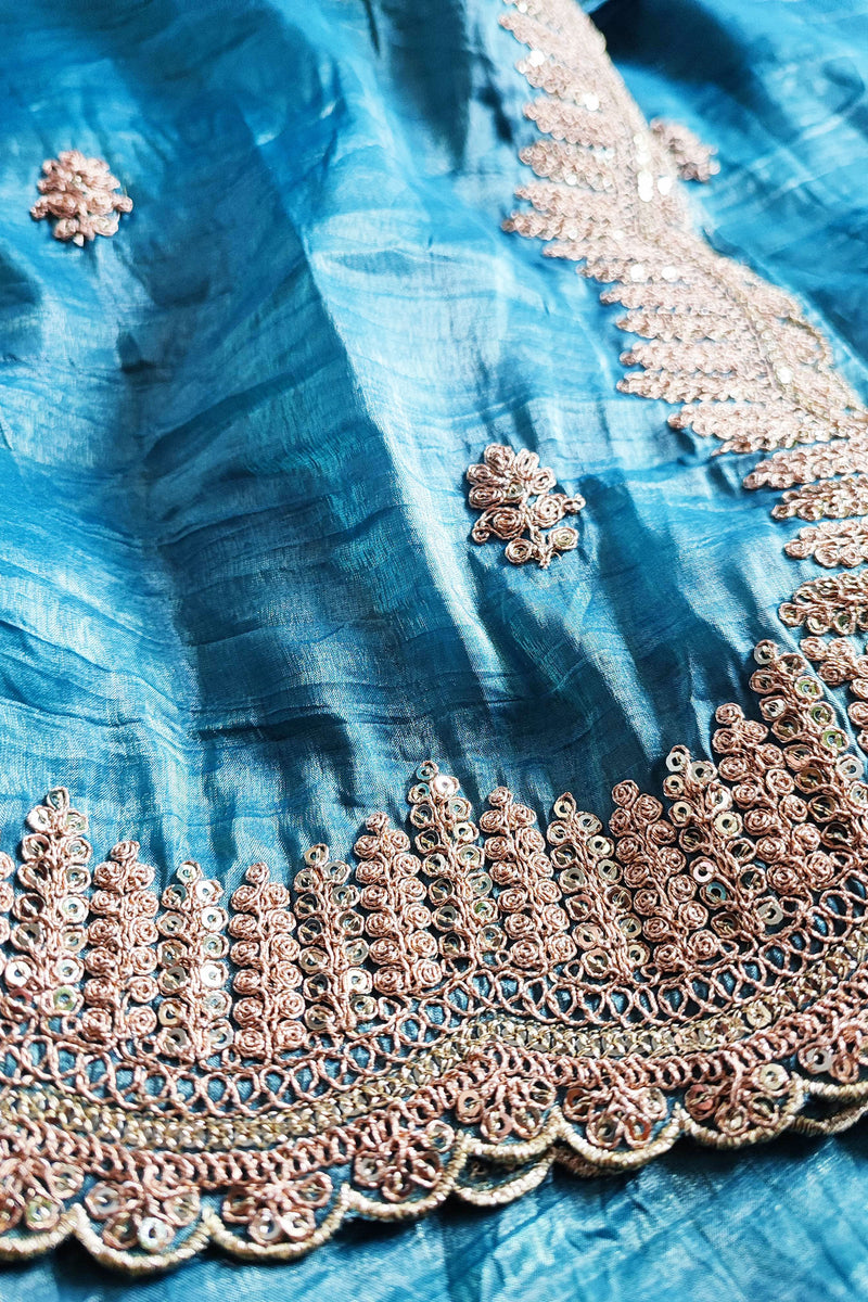 Organza Tissue Silk Saree With Golden Embroided Motifs and Cutwork Embroided Border