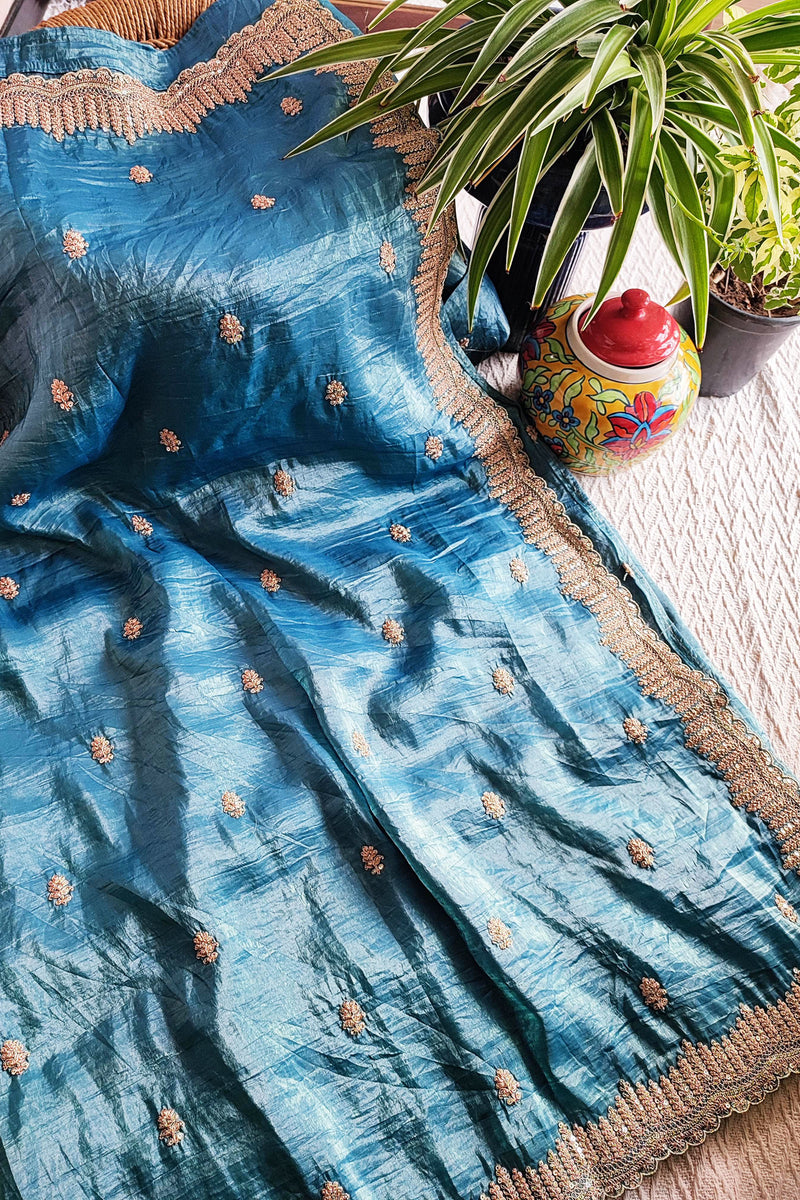 Organza Tissue Silk Saree With Golden Embroided Motifs and Cutwork Embroided Border