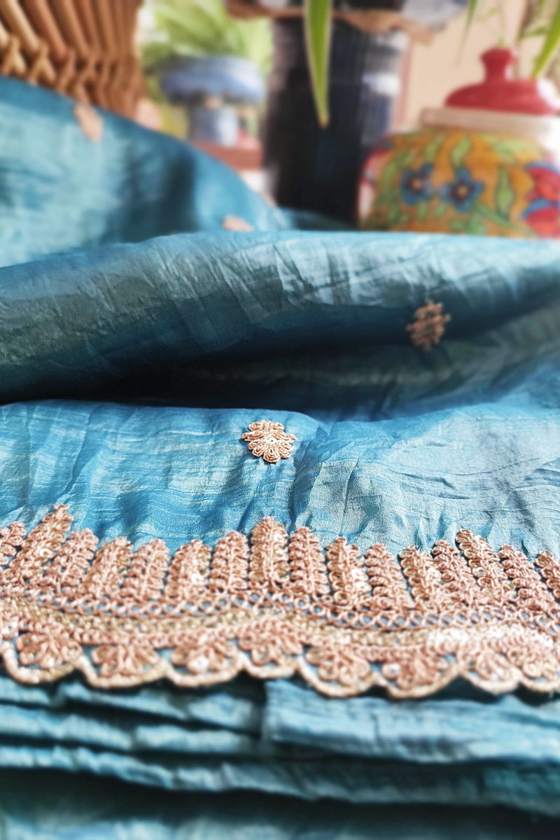 Organza Tissue Silk Saree With Golden Embroided Motifs and Cutwork Embroided Border
