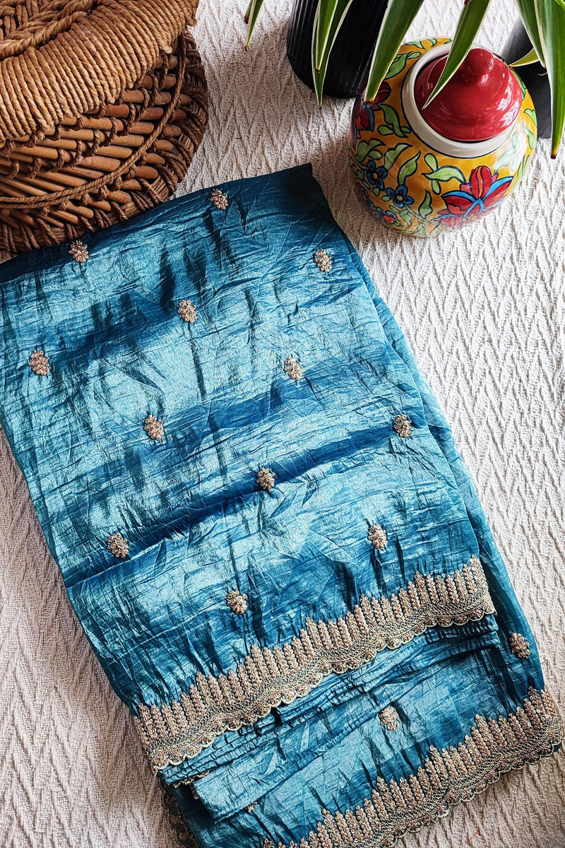 Organza Tissue Silk Saree With Golden Embroided Motifs and Cutwork Embroided Border