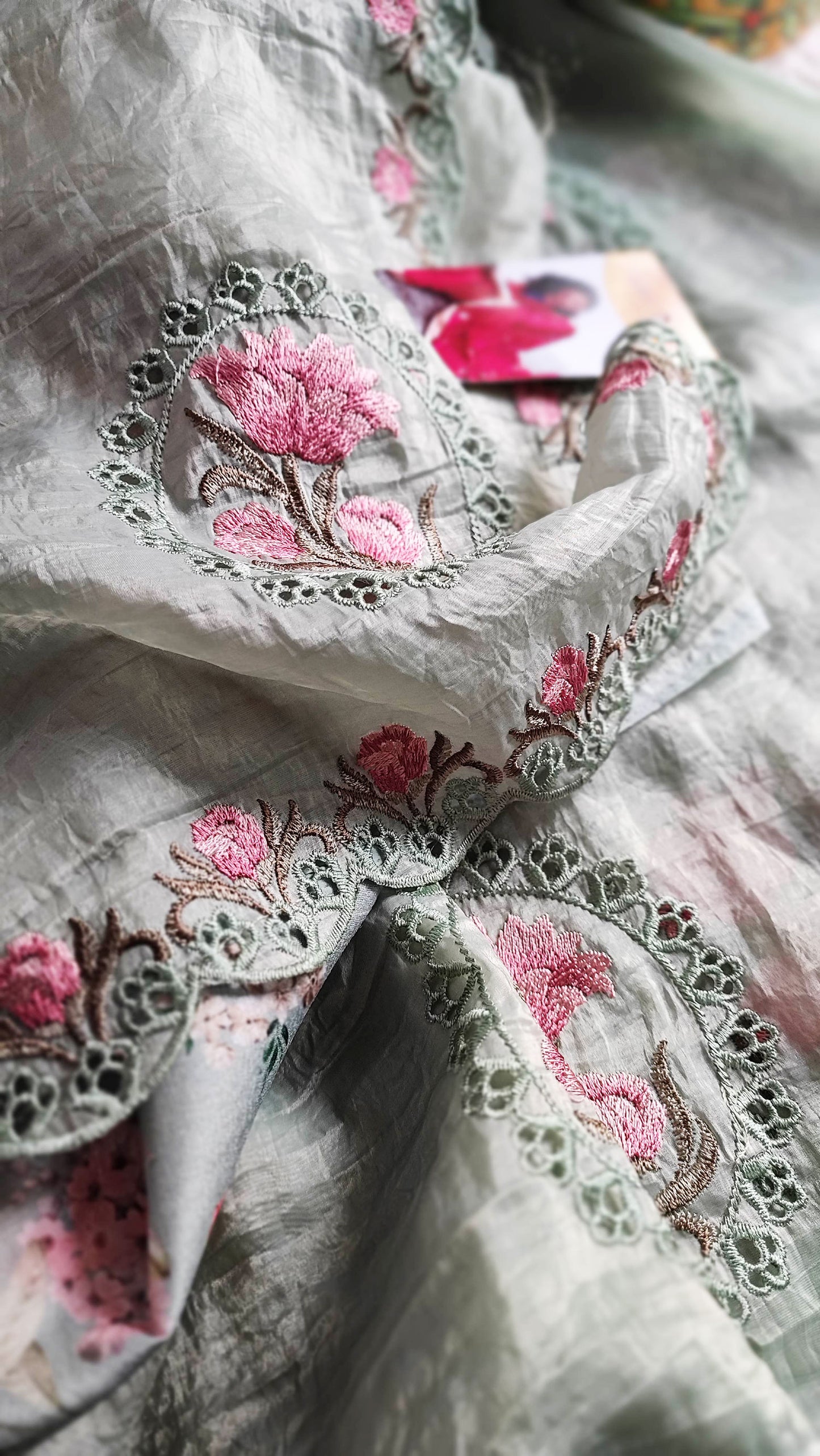 Light Gray Crushed Organza Tissue Silk Saree With Cut Work & Embroidery