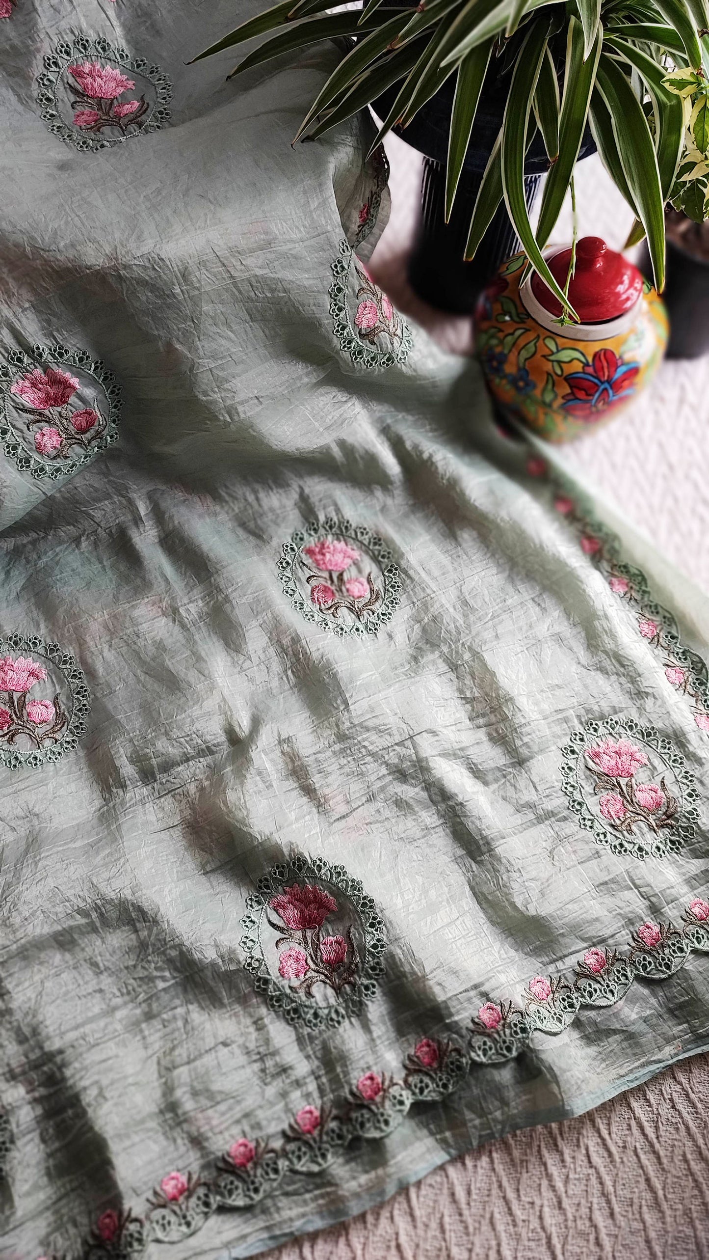 Light Gray Crushed Organza Tissue Silk Saree With Cut Work & Embroidery