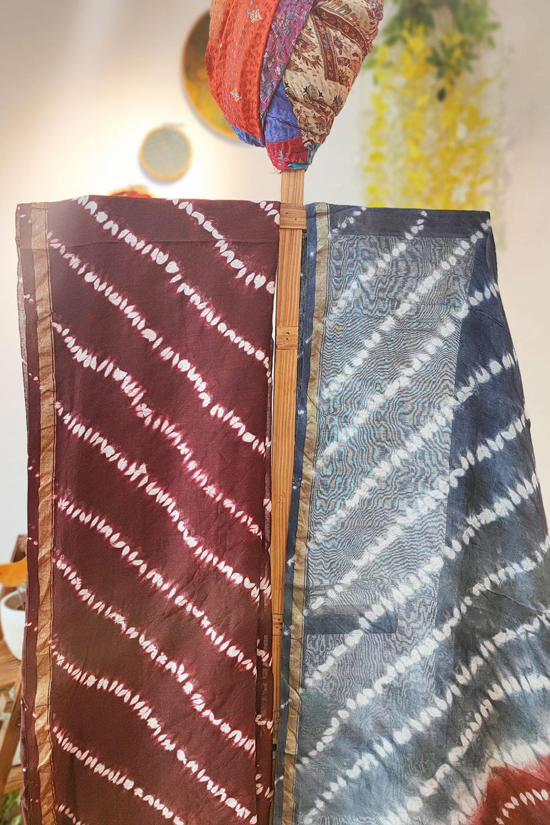 Steel Gray and Brick Red Dual Shade Chanderi Silk Suit with Shibori Work and Chanderi Silk Dupatta