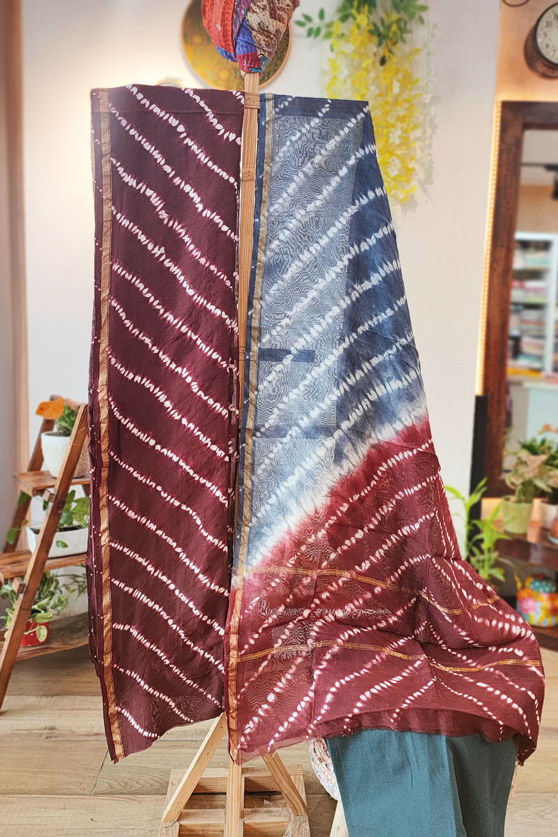 Steel Gray and Brick Red Dual Shade Chanderi Silk Suit with Shibori Work and Chanderi Silk Dupatta