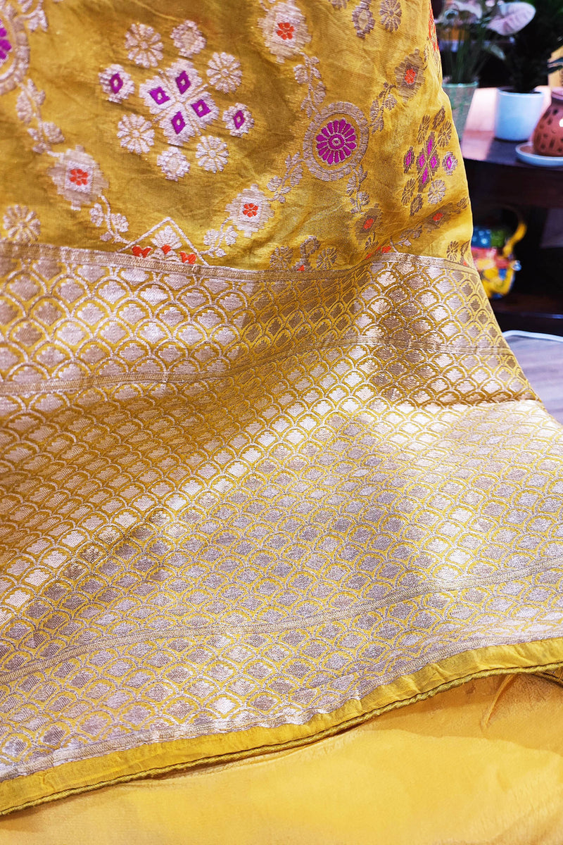 Canary Yellow Banarasi Soft Silk Suit With Luxurious Sheen With Banarasi Weaving