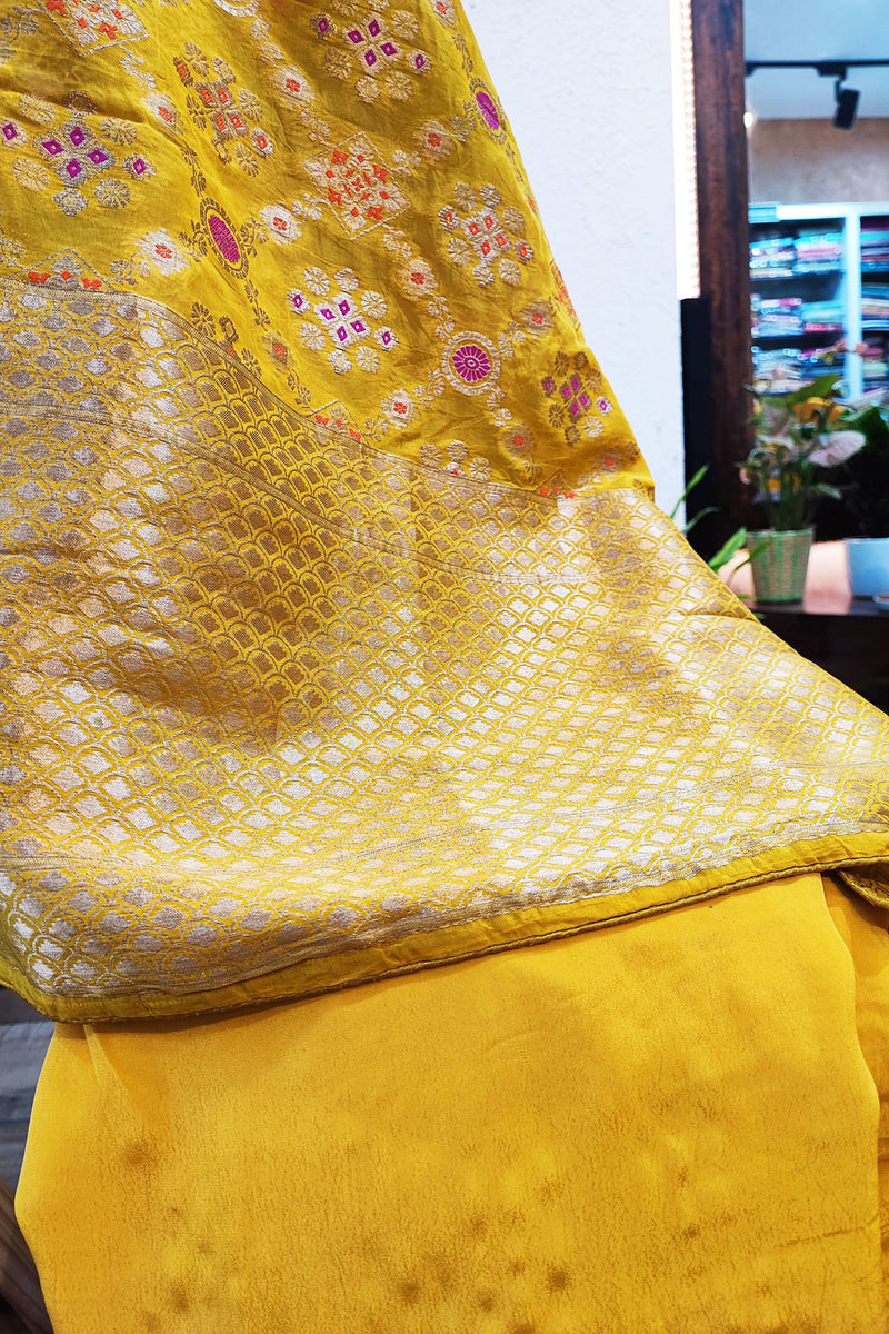 Canary Yellow Banarasi Soft Silk Suit With Luxurious Sheen With Banarasi Weaving