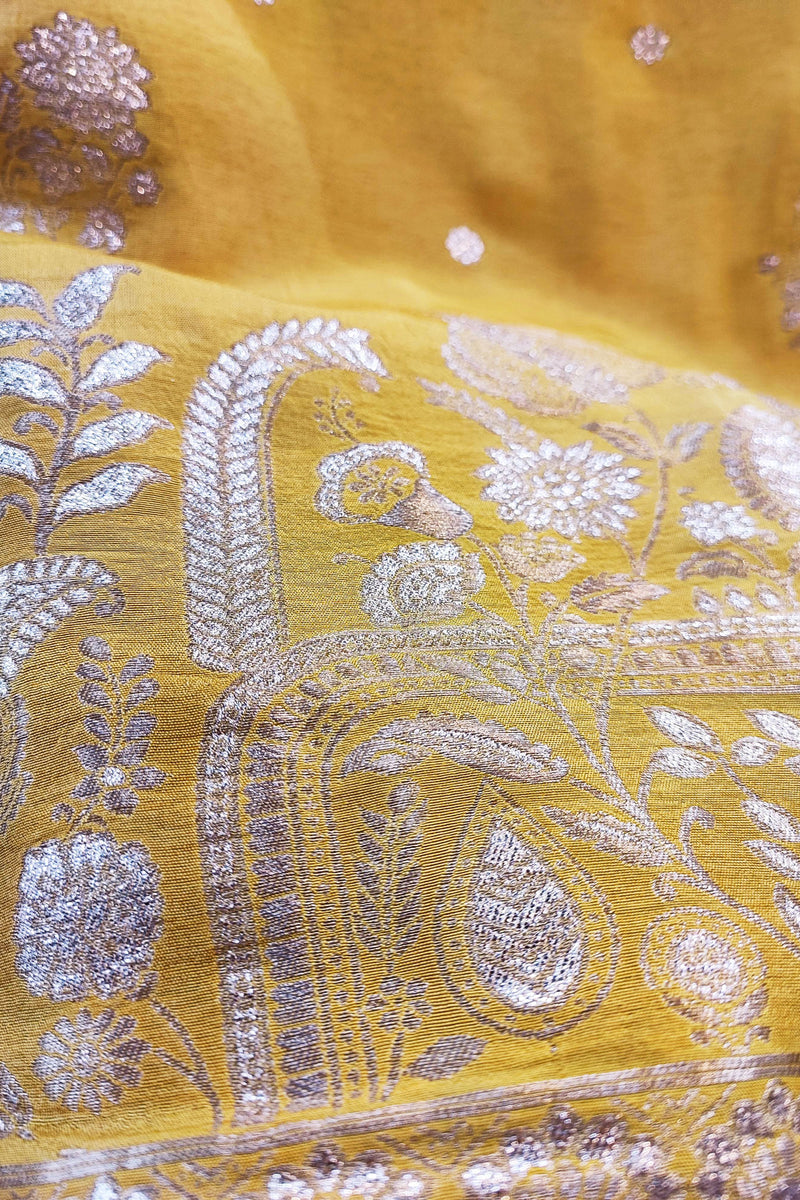 Canary Yellow Banarasi Soft Silk Suit With Luxurious Sheen With Banarasi Weaving
