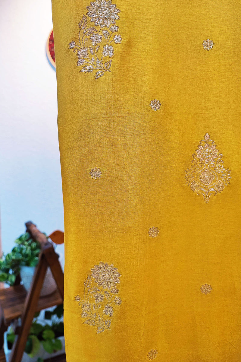 Canary Yellow Banarasi Soft Silk Suit With Luxurious Sheen With Banarasi Weaving