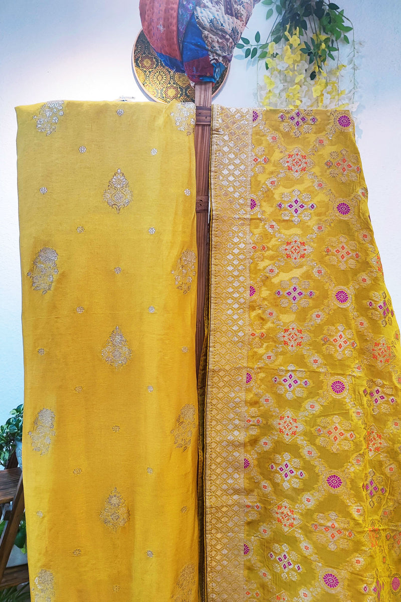 Canary Yellow Banarasi Soft Silk Suit With Luxurious Sheen With Banarasi Weaving