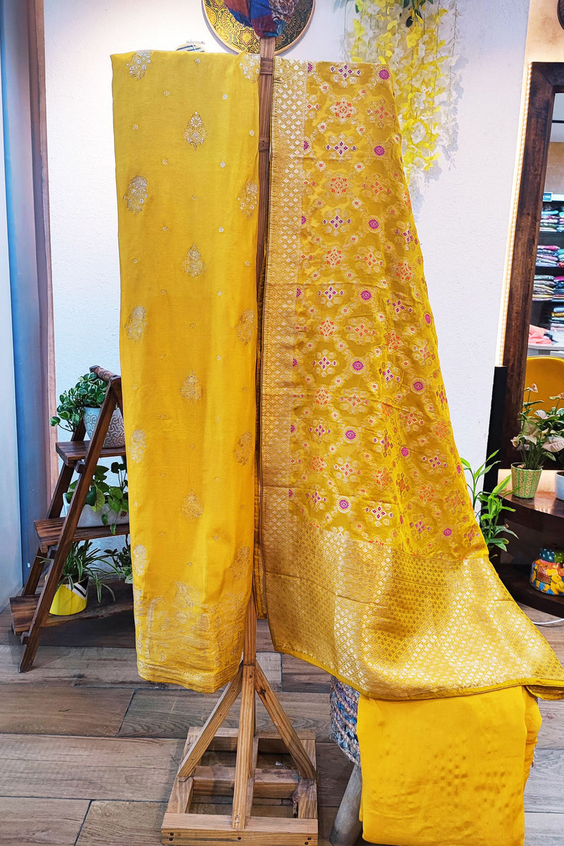 Canary Yellow Banarasi Soft Silk Suit With Luxurious Sheen With Banarasi Weaving