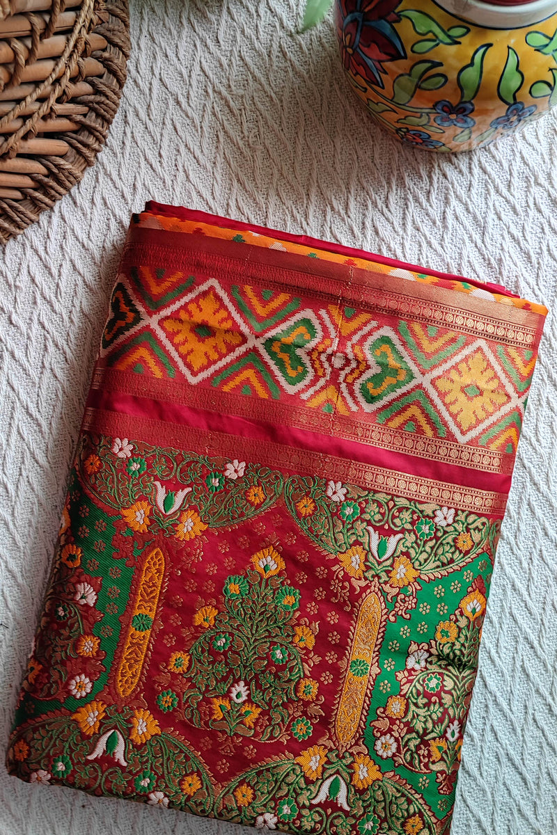 Marigold Yellow & Raspberry Patola Silk Saree With Zari Border