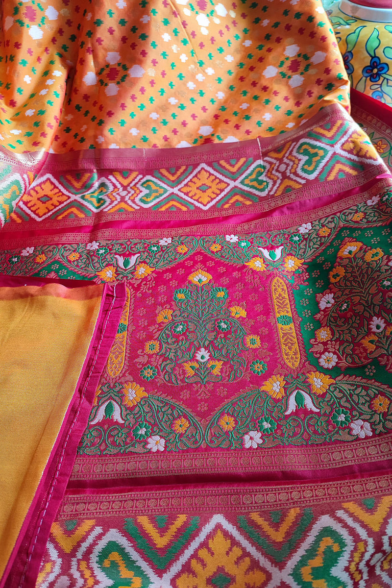 Marigold Yellow & Raspberry Patola Silk Saree With Zari Border
