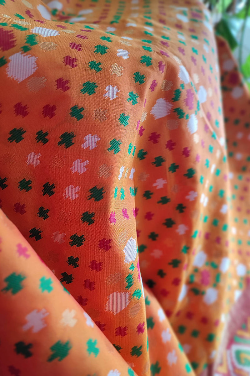 Marigold Yellow & Raspberry Patola Silk Saree With Zari Border