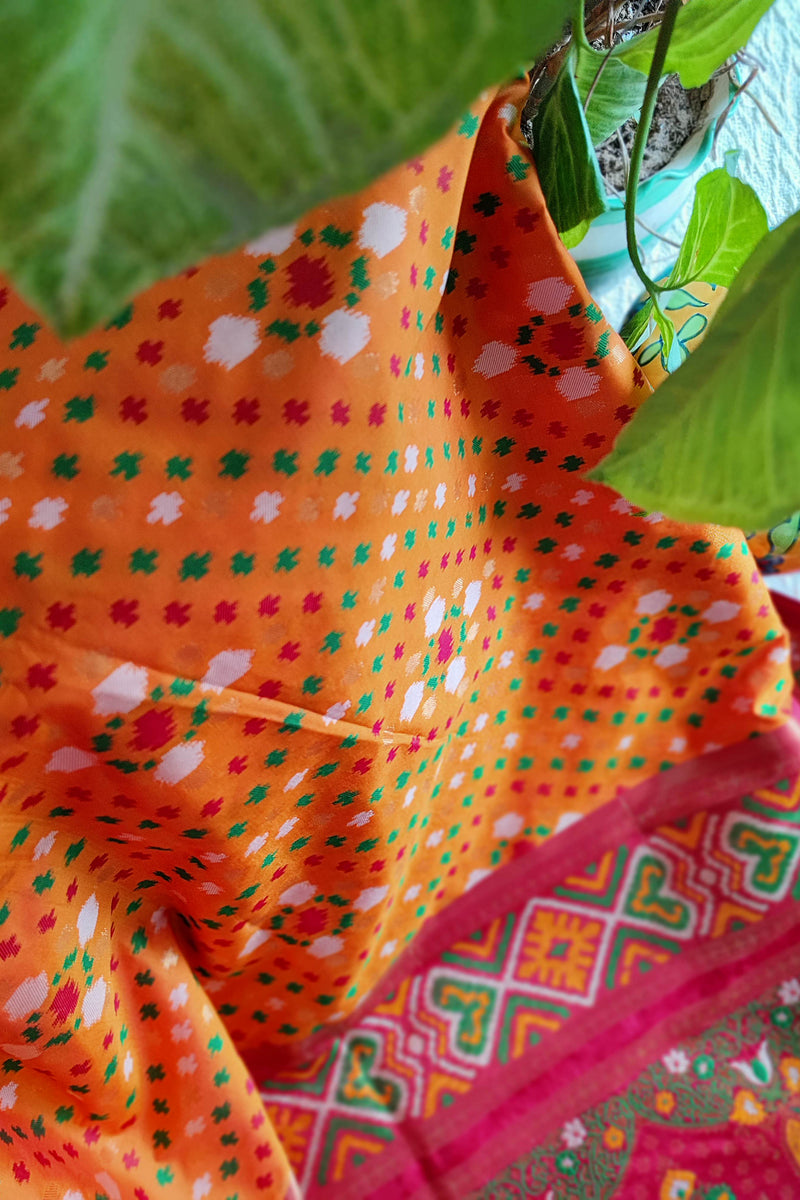 Marigold Yellow & Raspberry Patola Silk Saree With Zari Border