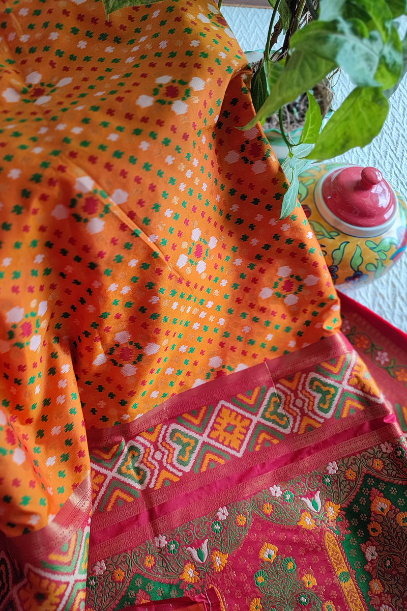 Marigold Yellow & Raspberry Patola Silk Saree With Zari Border