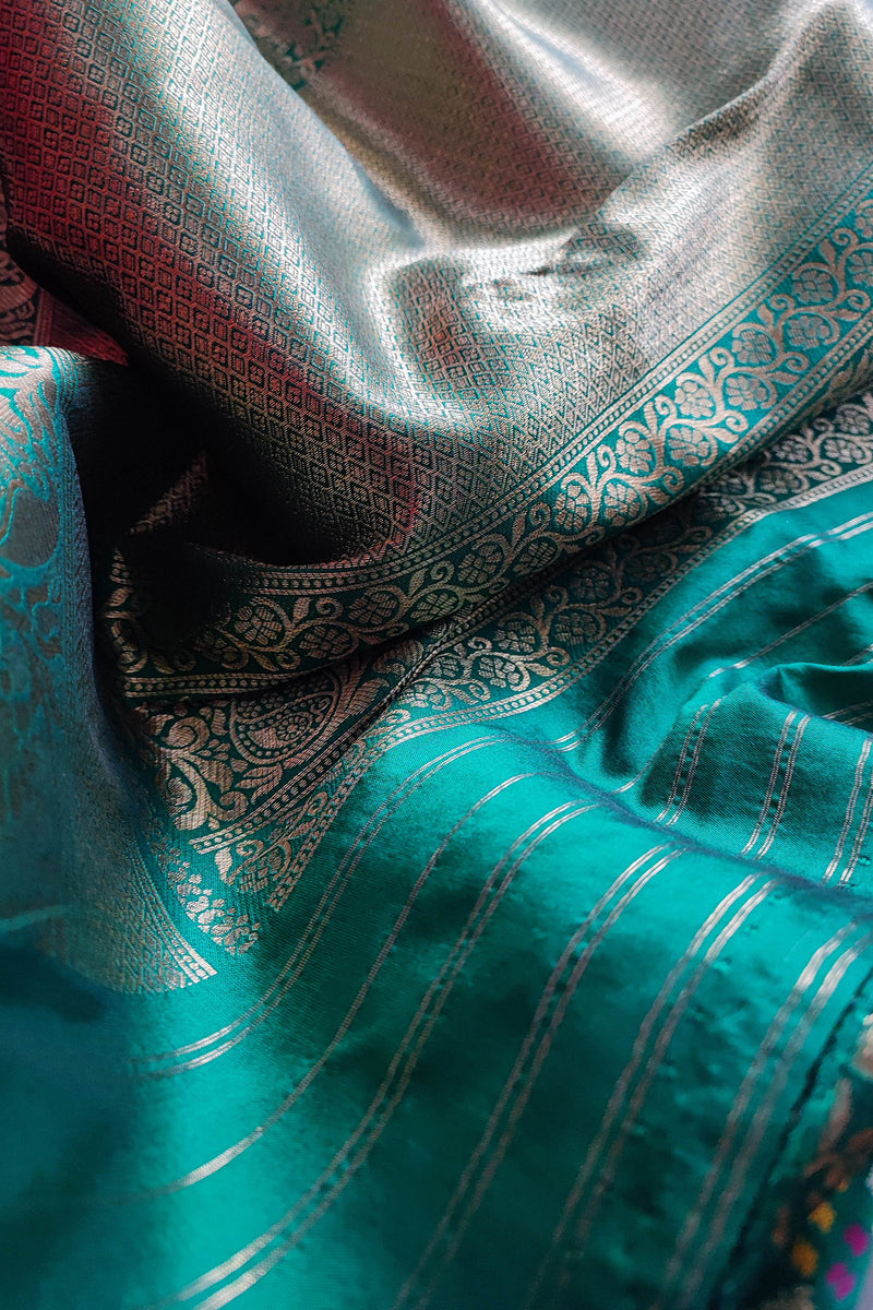 Teal Green Banarasi Silk Saree with Fine Weaving and Zari Border