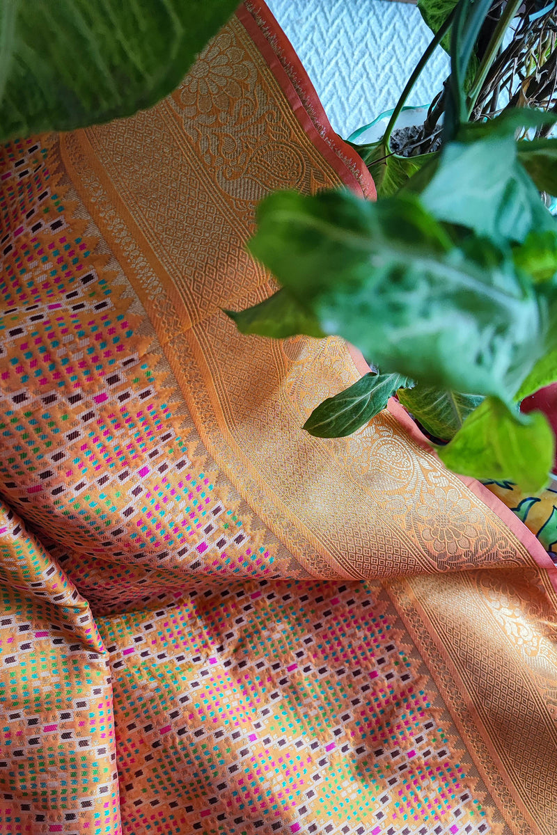 Saffron Yellow Banarasi Silk Saree with Fine Weaving and Zari Border