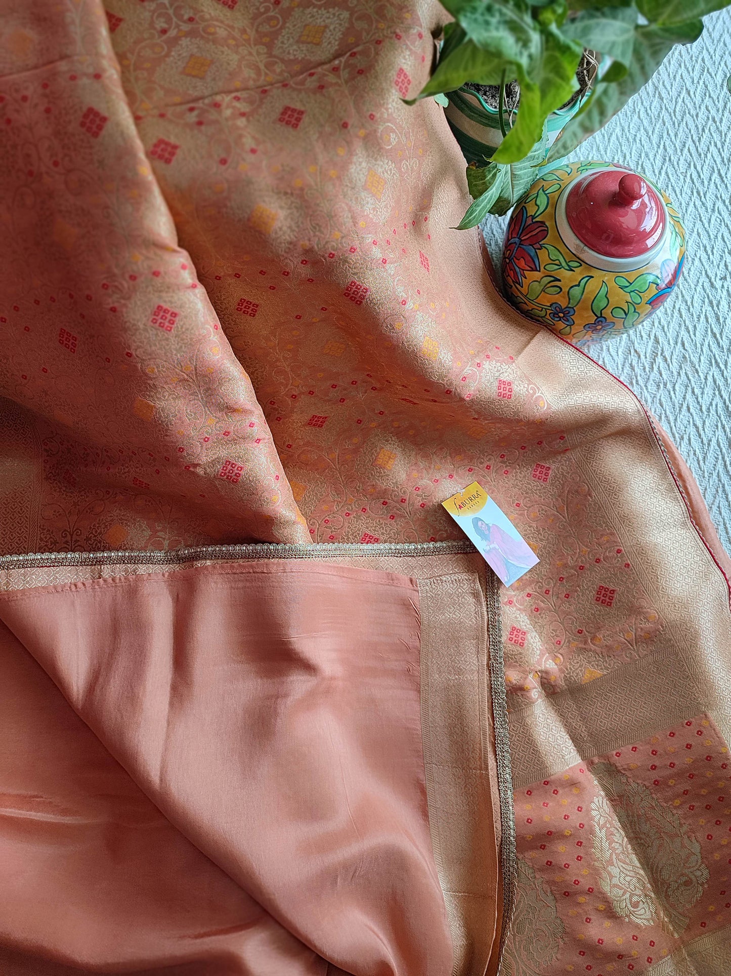 Peach Banarasi Silk Saree with All-Over Meenakari Weaving & Gotta Edging