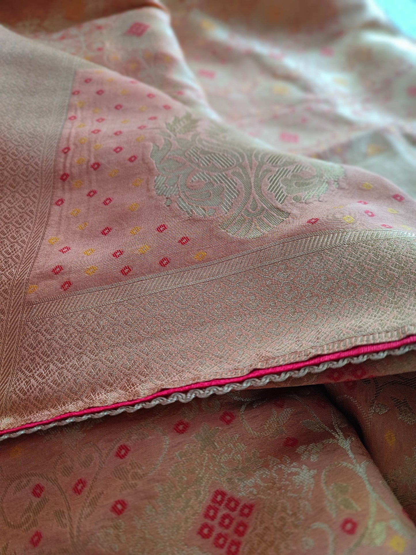 Peach Banarasi Silk Saree with All-Over Meenakari Weaving & Gotta Edging